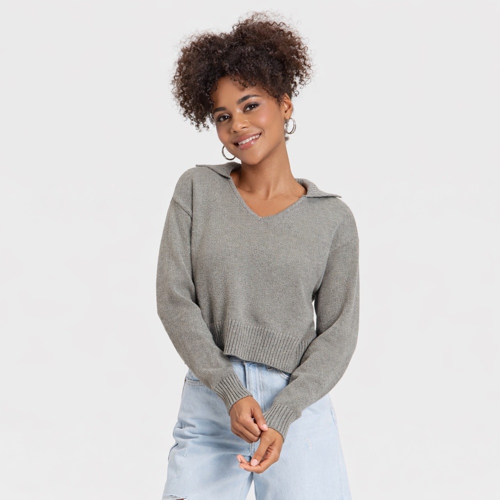 Universal Women's Long Sleeve Collared Neck Pullover Sweater Gray Size L
